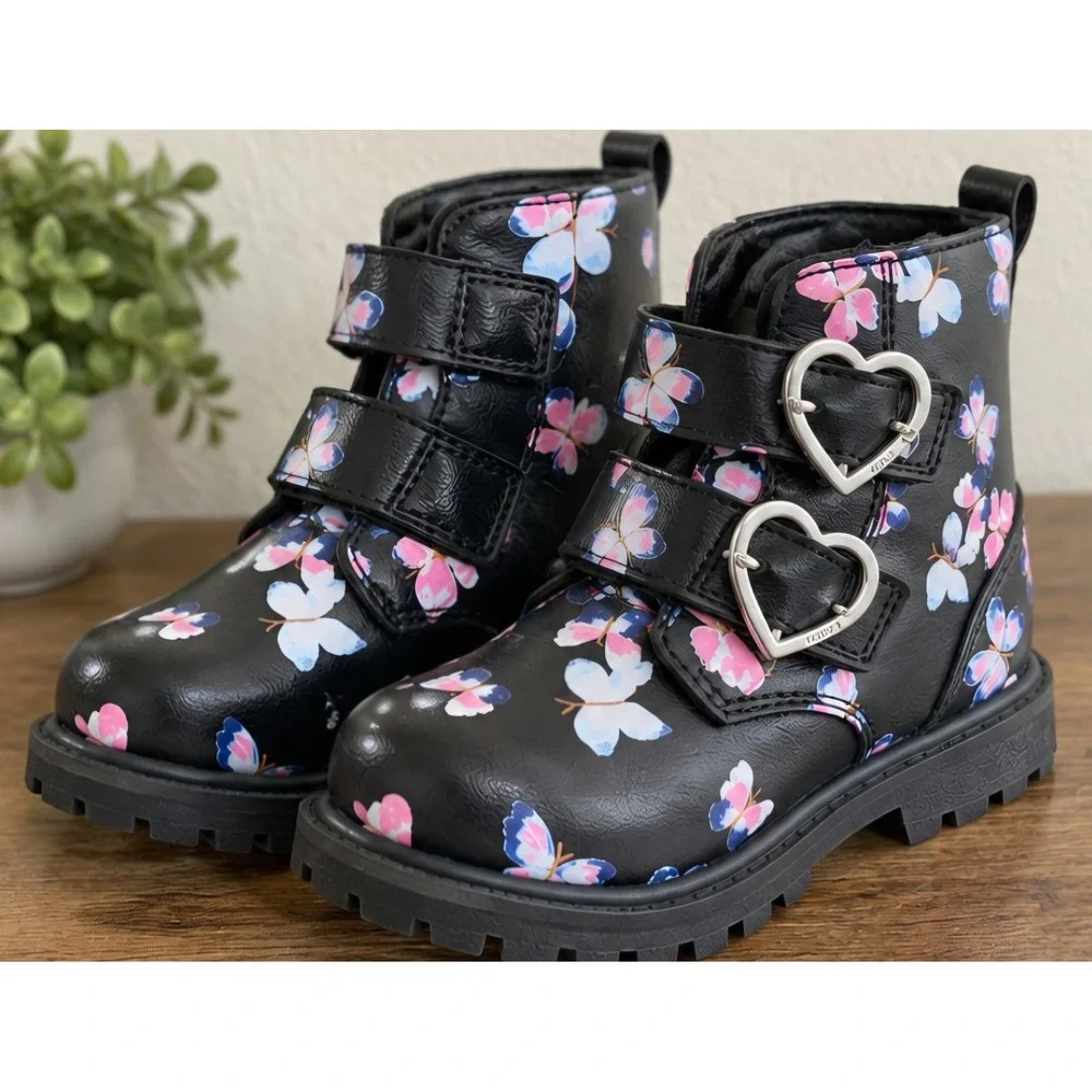 CARTER'S Girls Butterfly Heart Buckle Combat Boots Black Size 5